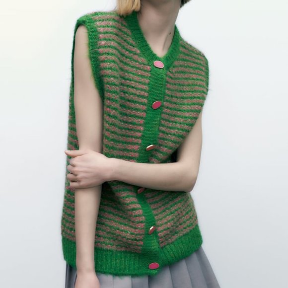 NWT GREEN PINK VINTAGE LONG KNIT VEST - Picture 5 of 8